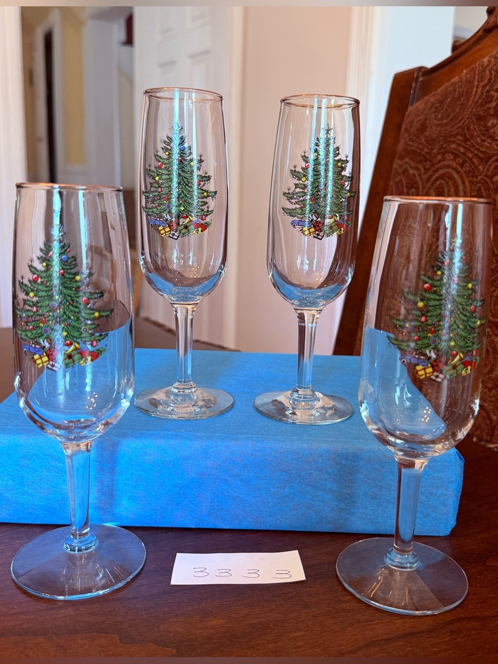 Set of 4 Cuthbertson Christmas Tree 7.25”H Glassware Champagne Flute Gold Rim #3